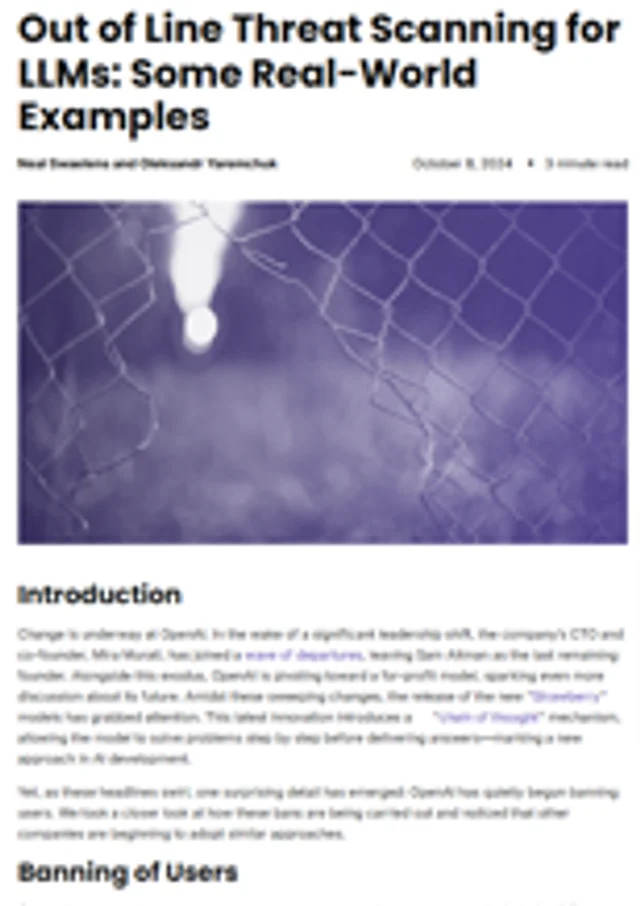 Out of Line Threat Scanning for LLMs: Some Real-World Examples